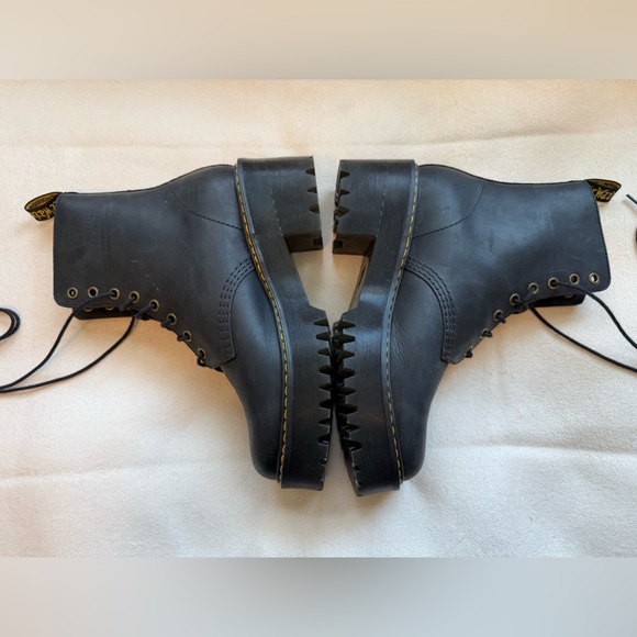 Dr. Martens Black Leather Lace-Up Platform Combat Boots Yellow Stitching - Picture 2 of 6